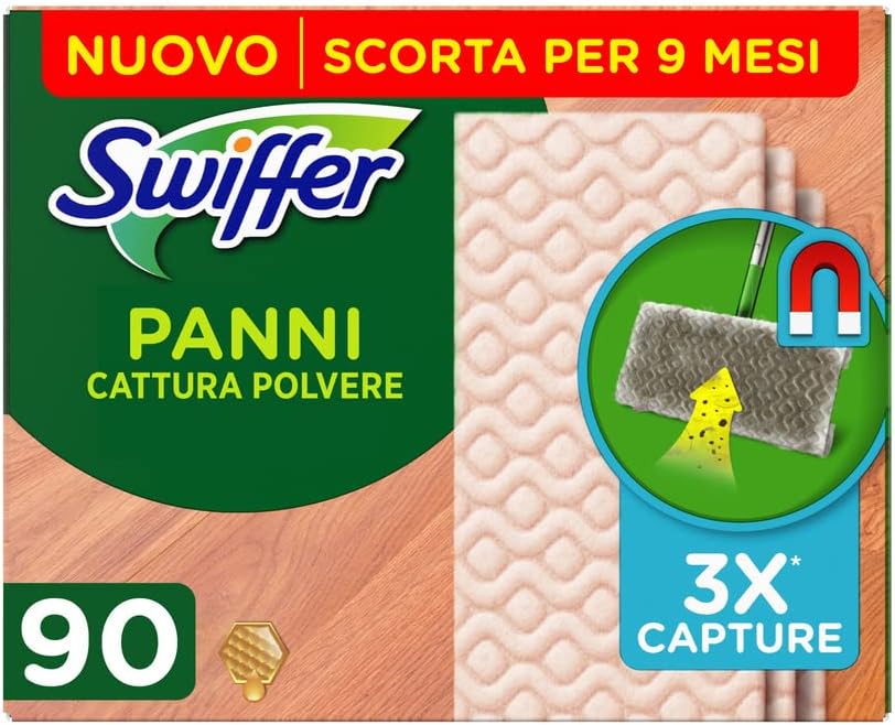 Swiffer Panni Catturapolvere, 90 Panni Microfibra Parquet, Panni Cattura Polvere e Sporco, Ottimo per Pavimenti con Cera d'Api e per i Peli di Animali, Scorta fino a 9 Mesi